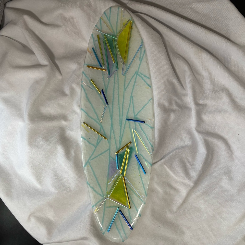MCM Contemporary Abstract Art Elongated Oval Fused Glass Piece Decor Piece - Picture 2 of 10